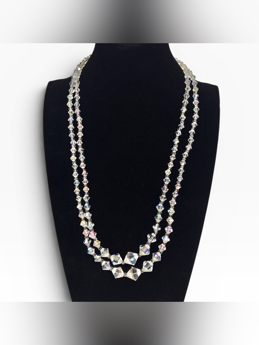 Vintage MCM Crystal Necklace Aurora Borealis Iridescent Double-Strand 50s-60s